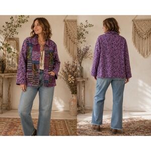 Boho Cottage Art Anii Natural Silk Patchwork Purple Emo Floral Paisley M Jacket